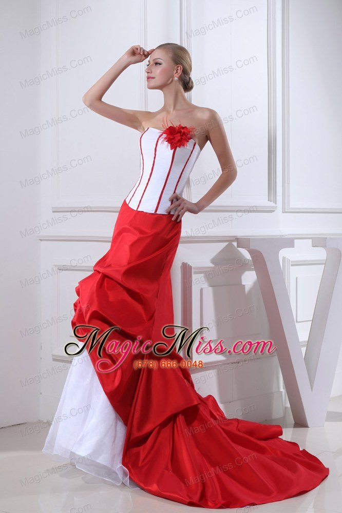 wholesale pick-ups mermaid strapless hand made flower court train red wedding dress