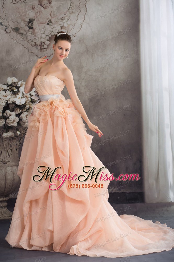 wholesale baby pink a-line strapless ruffles sash court train wedding dress