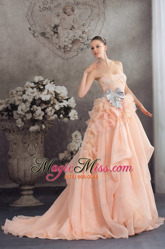 wholesale baby pink a-line strapless ruffles sash court train wedding dress