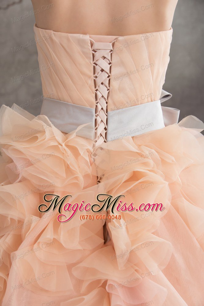 wholesale baby pink a-line strapless ruffles sash court train wedding dress