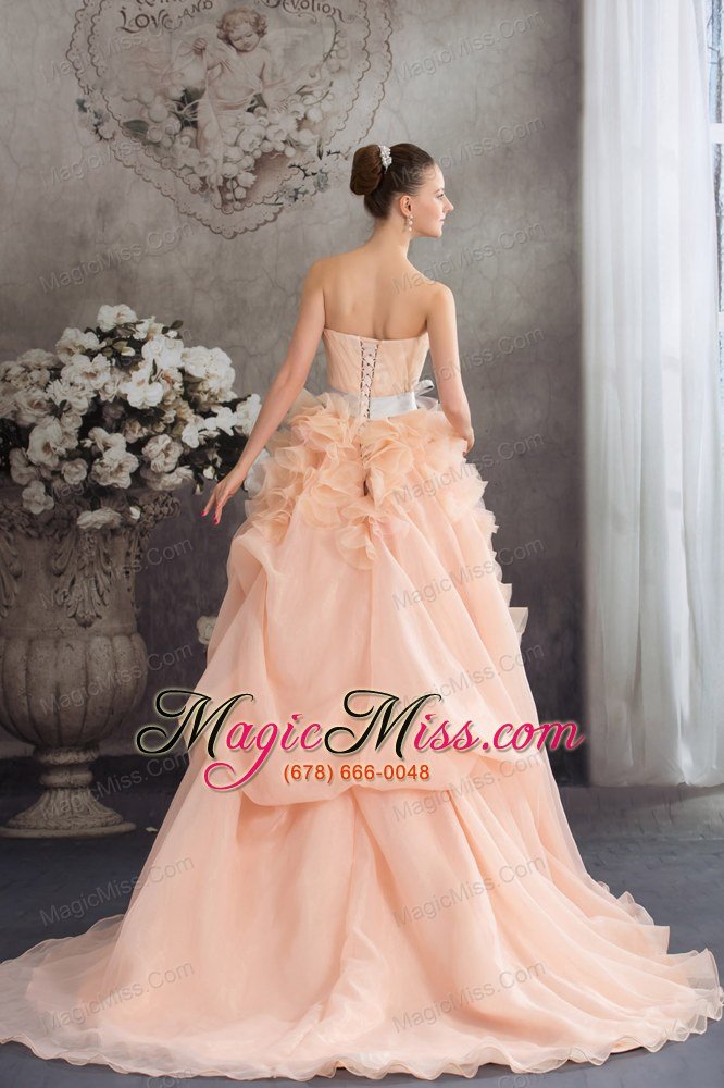 wholesale baby pink a-line strapless ruffles sash court train wedding dress