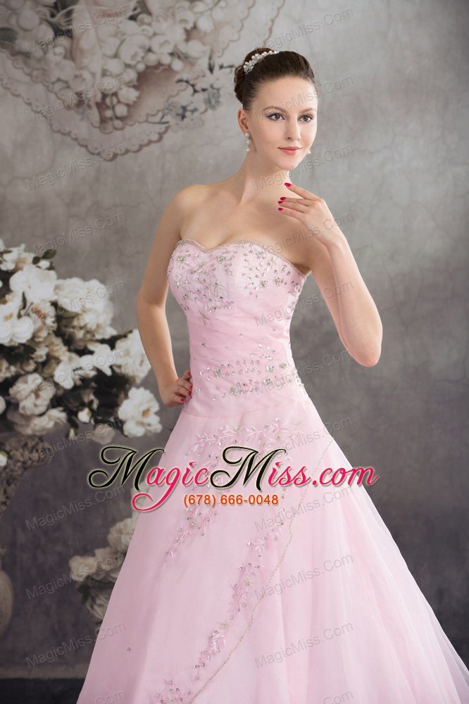 wholesale pincess sweetheart baby pink organza appliques prom dress