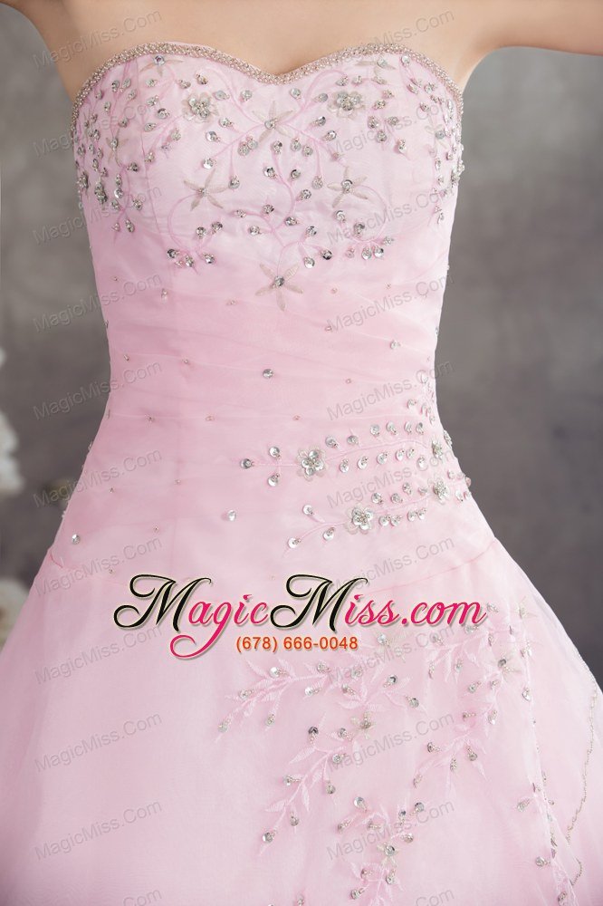 wholesale pincess sweetheart baby pink organza appliques prom dress