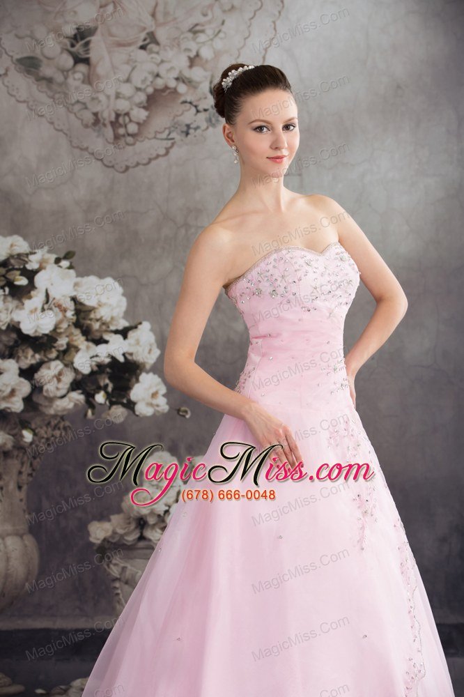 wholesale pincess sweetheart baby pink organza appliques prom dress