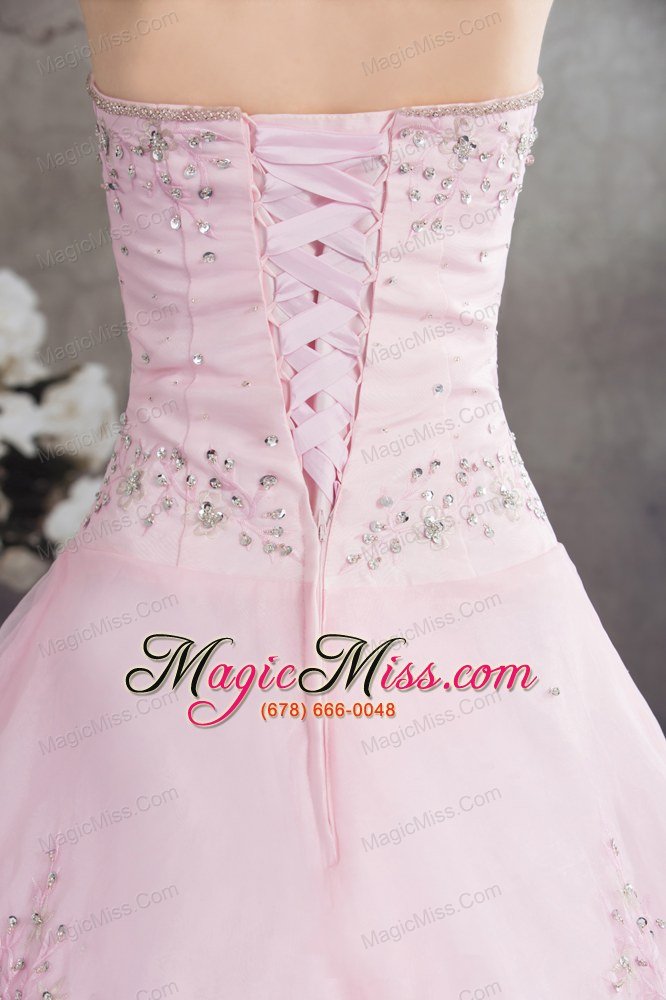 wholesale pincess sweetheart baby pink organza appliques prom dress