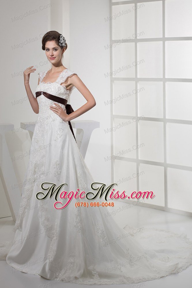 wholesale square neck princess lace wedding dress with brown sash