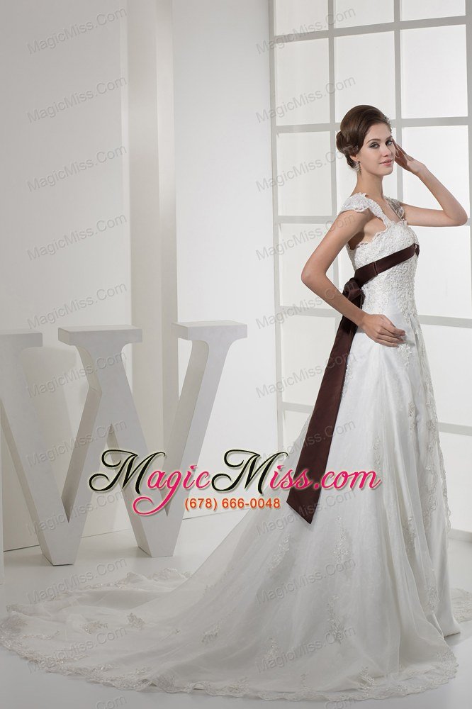 wholesale square neck princess lace wedding dress with brown sash