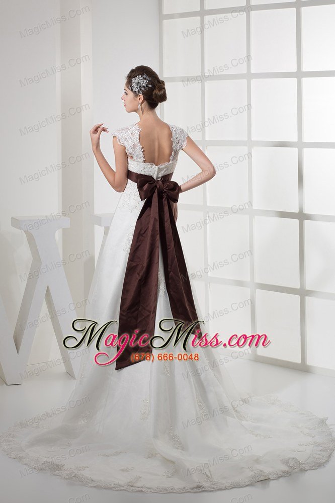 wholesale square neck princess lace wedding dress with brown sash