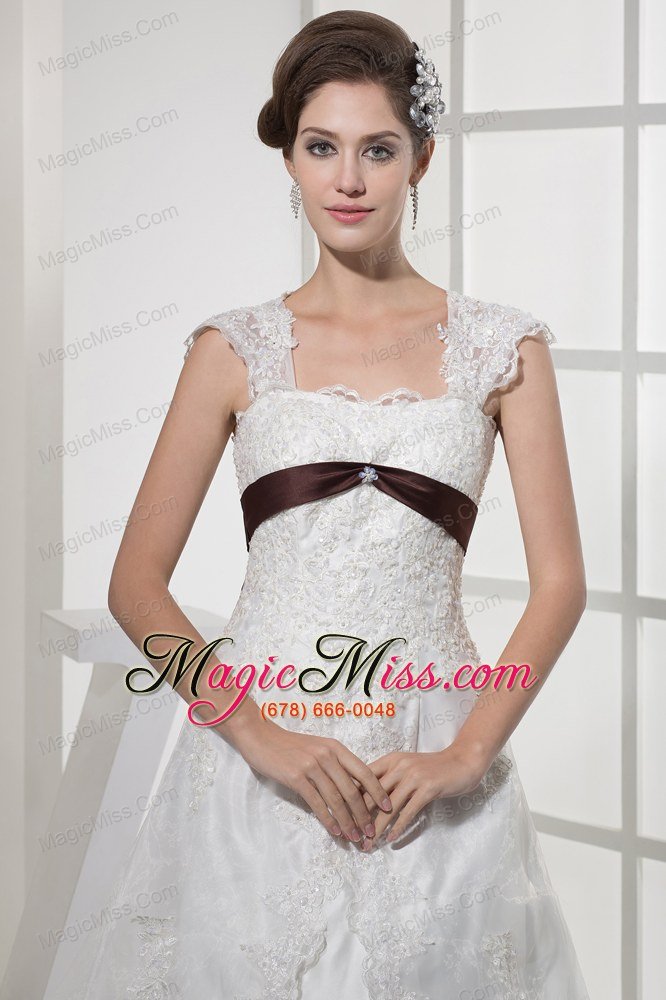 wholesale square neck princess lace wedding dress with brown sash