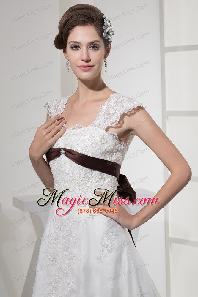 wholesale square neck princess lace wedding dress with brown sash