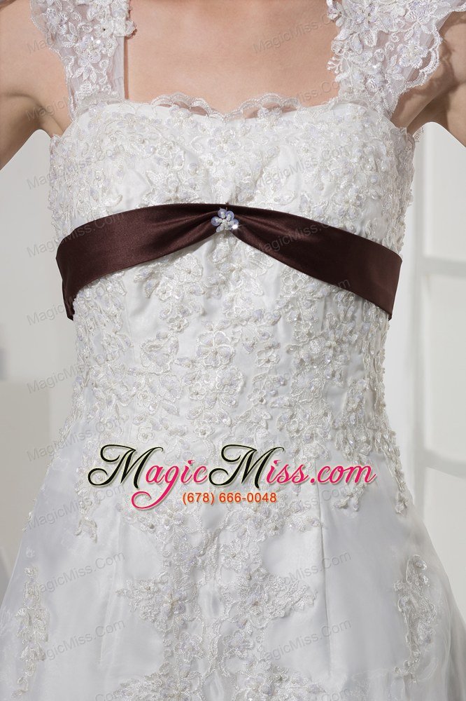 wholesale square neck princess lace wedding dress with brown sash