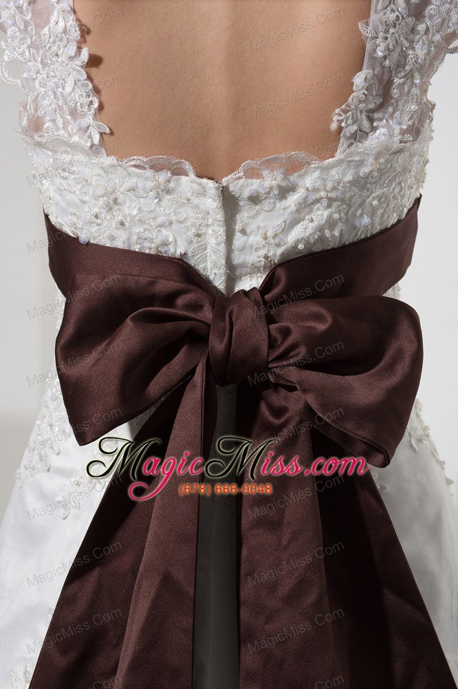 wholesale square neck princess lace wedding dress with brown sash