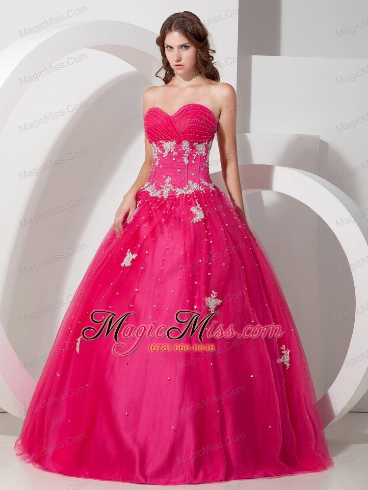 wholesale coral red ball gown sweetheart floor-length tulle appliques and beading quinceanera dress