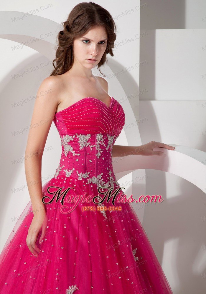 wholesale coral red ball gown sweetheart floor-length tulle appliques and beading quinceanera dress