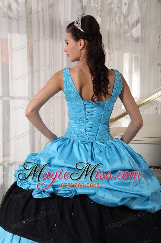 wholesale light blue and black ball gown v-neck floor-length taffeta beading quinceanera dress