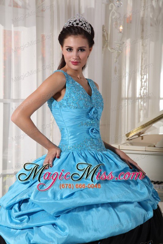 wholesale light blue and black ball gown v-neck floor-length taffeta beading quinceanera dress