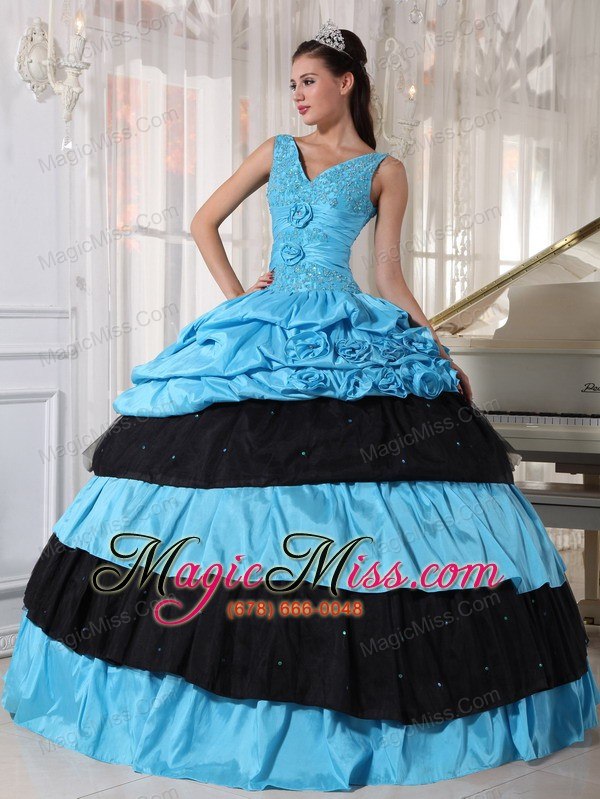 wholesale light blue and black ball gown v-neck floor-length taffeta beading quinceanera dress