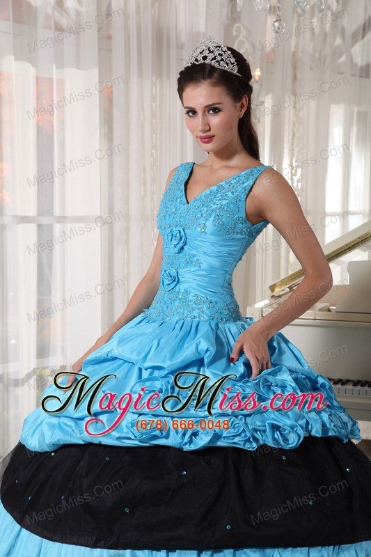 wholesale light blue and black ball gown v-neck floor-length taffeta beading quinceanera dress