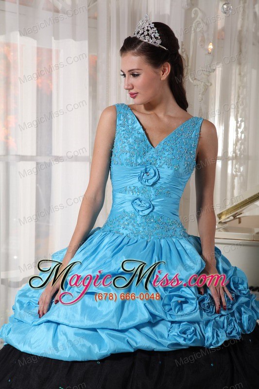 wholesale light blue and black ball gown v-neck floor-length taffeta beading quinceanera dress