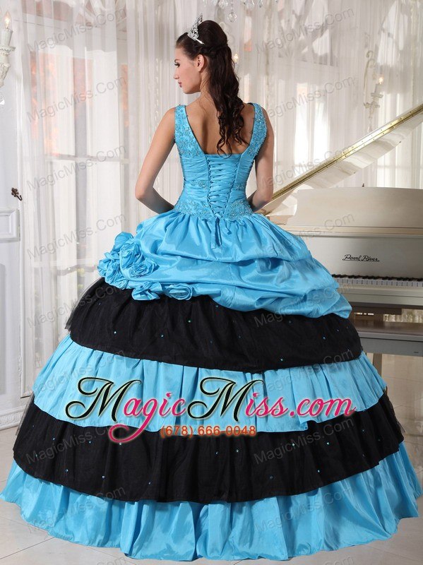 wholesale light blue and black ball gown v-neck floor-length taffeta beading quinceanera dress