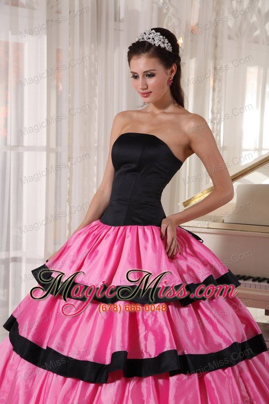 wholesale rose pink and black ball gown strapless floor-length taffeta quinceanera dress