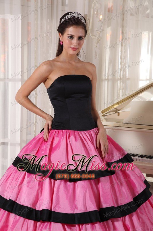 wholesale rose pink and black ball gown strapless floor-length taffeta quinceanera dress