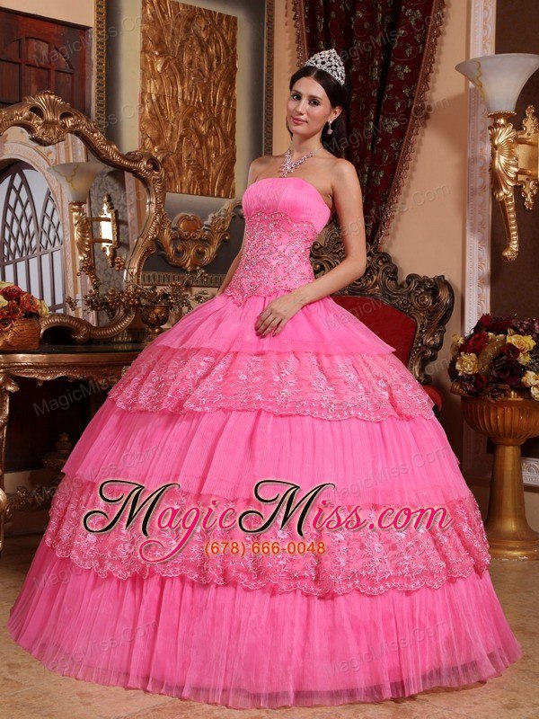 wholesale pink ball gown strapless floor-length organza lace appliques quinceanera dress