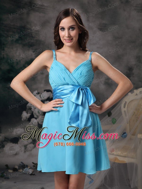 wholesale lovely aqua blue empire straps prom / homecoming dress chiffon bowknot mini-length