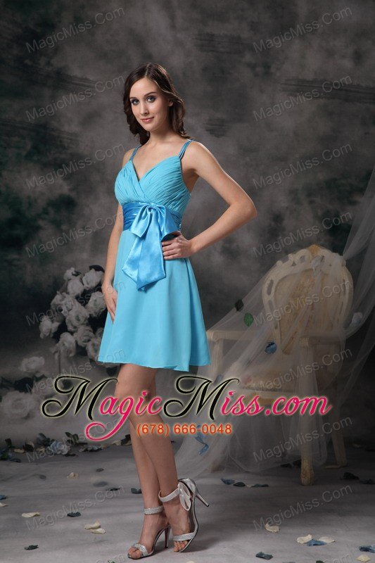 wholesale lovely aqua blue empire straps prom / homecoming dress chiffon bowknot mini-length