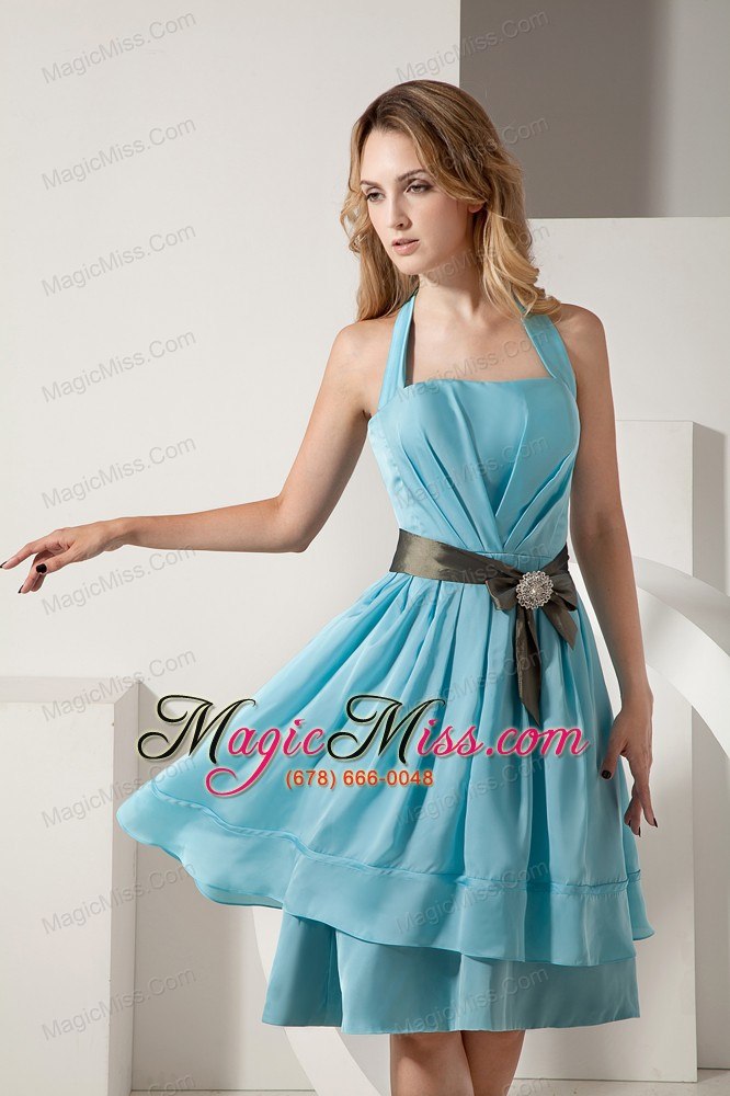 wholesale aqua blue a-line halter knee-length prom dress taffeta ruch and bow