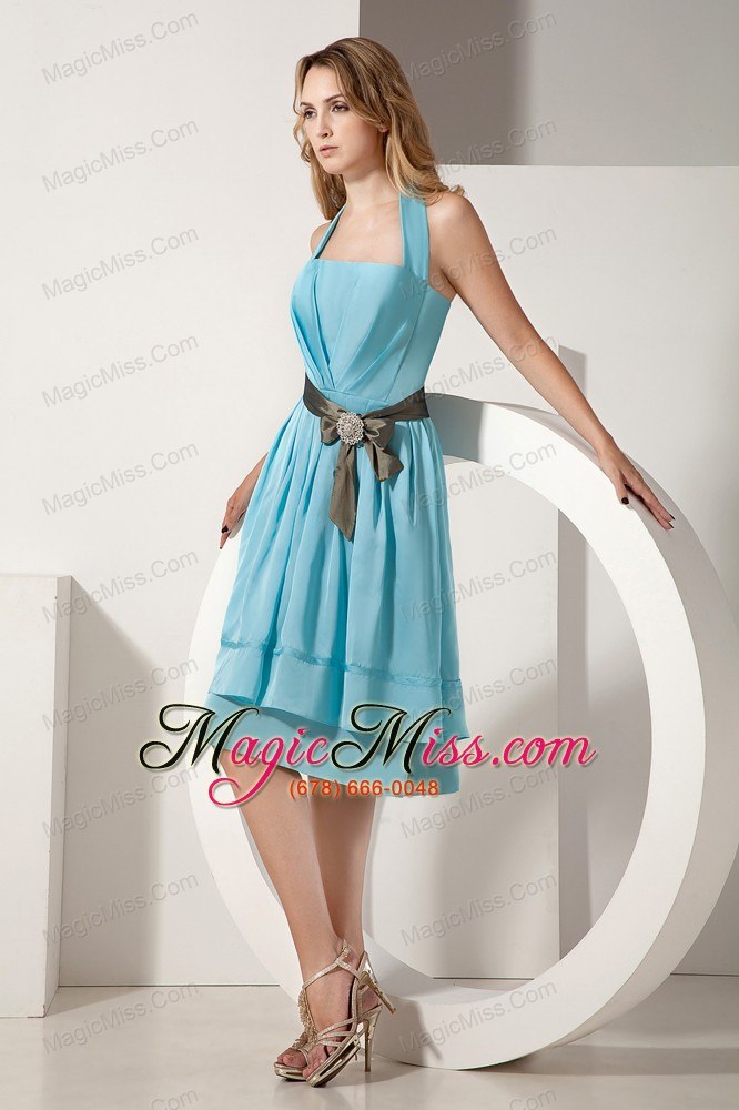 wholesale aqua blue a-line halter knee-length prom dress taffeta ruch and bow