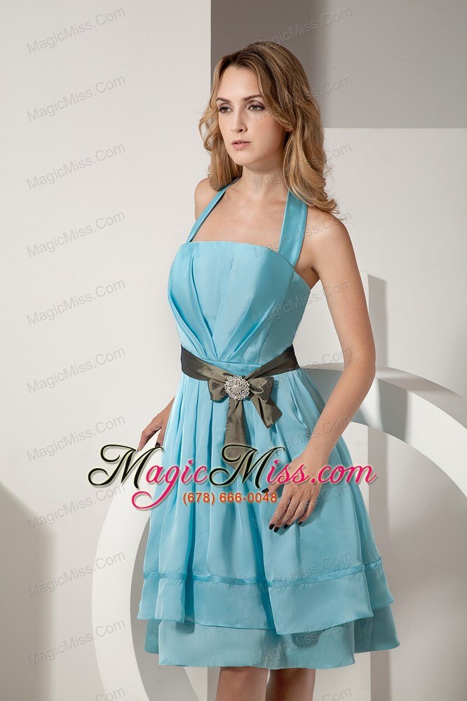 wholesale aqua blue a-line halter knee-length prom dress taffeta ruch and bow