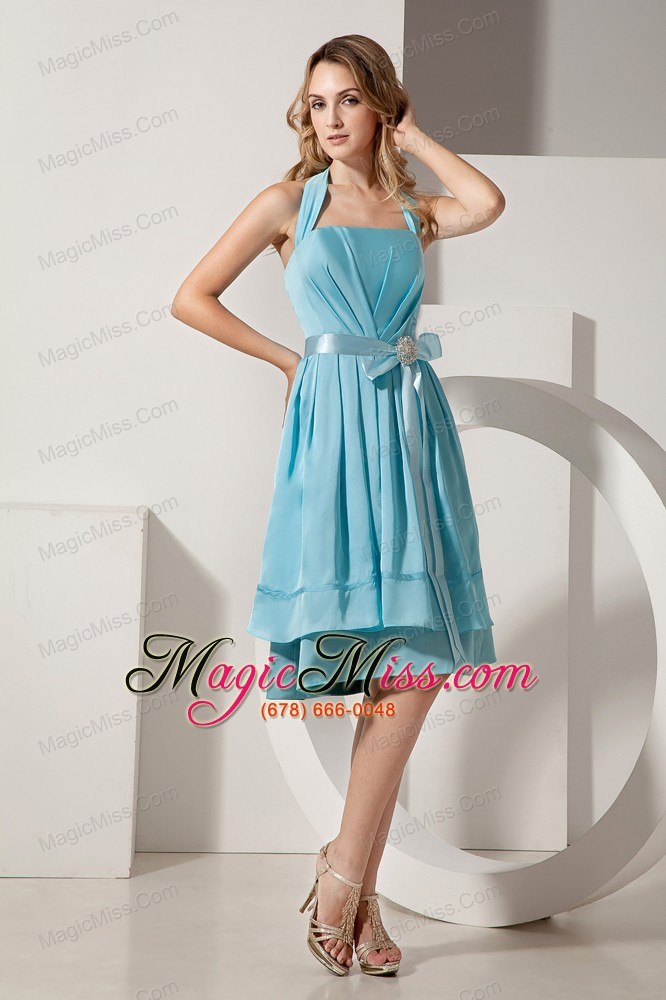 wholesale aqua blue a-line halter knee-length prom dress taffeta ruch and bow