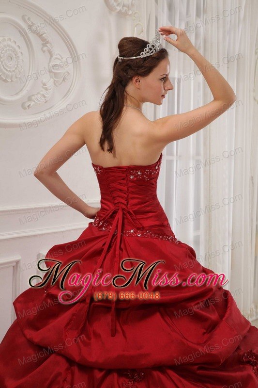 wholesale wine red ball gown strapless floor-length taffeta ruffles quinceanera dress