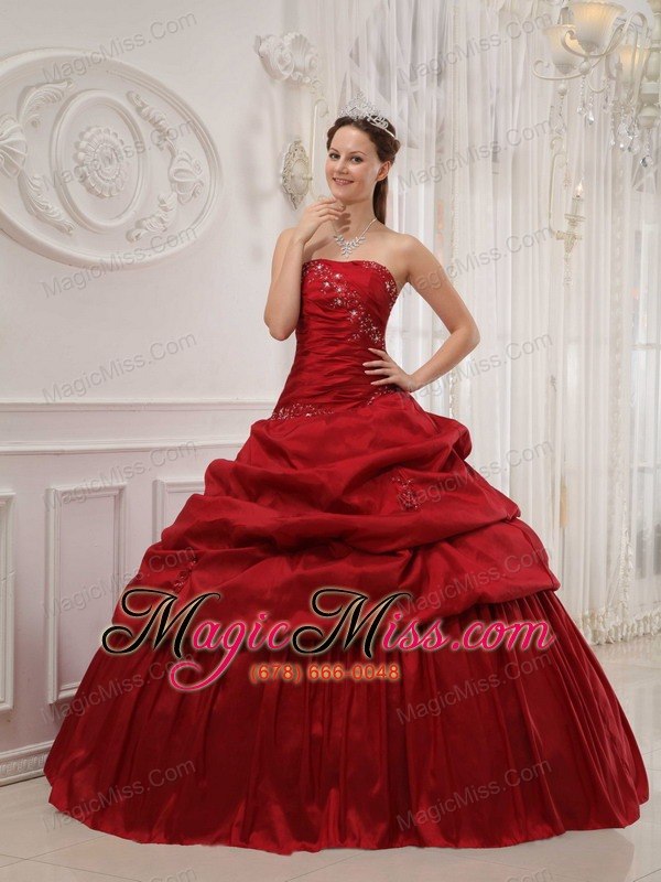 wholesale wine red ball gown strapless floor-length taffeta ruffles quinceanera dress