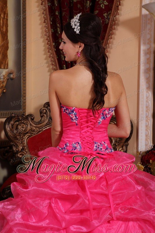 wholesale rose pink ball gown strapless floor-length organza appliques quinceanera dress