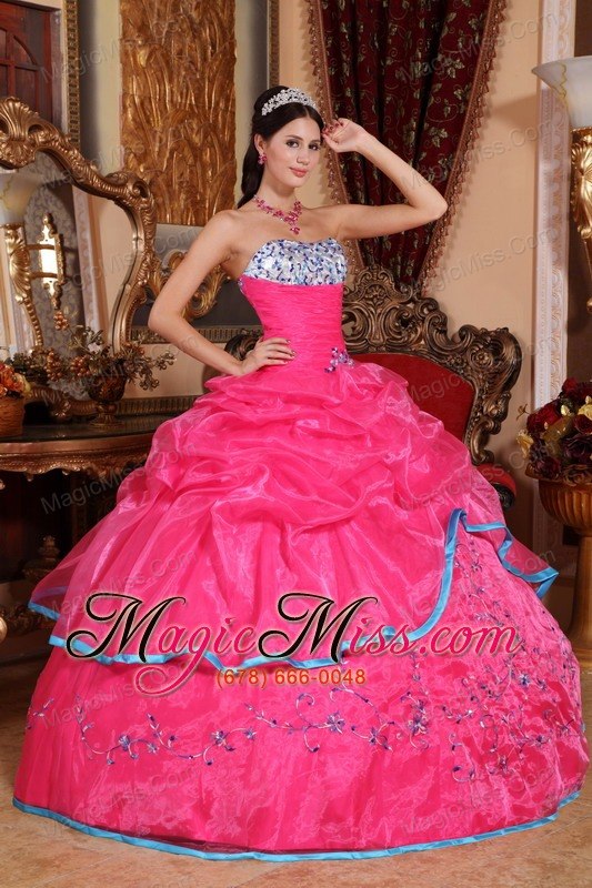 wholesale rose pink ball gown strapless floor-length organza appliques quinceanera dress
