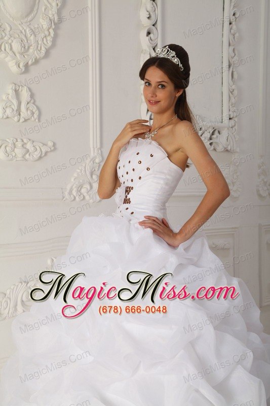 wholesale white ball gown strapless court train organza beading and hand flower quinceanera dress