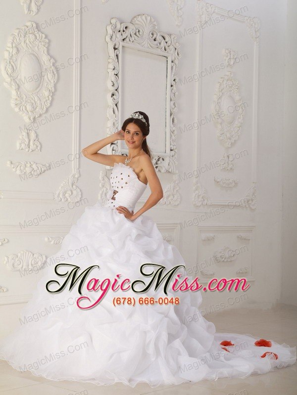 wholesale white ball gown strapless court train organza beading and hand flower quinceanera dress