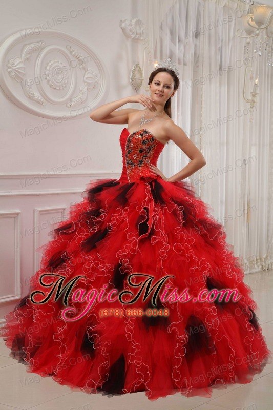 wholesale red and black ball gown sweetheart floor-length orangza beading and ruch quinceanera dress