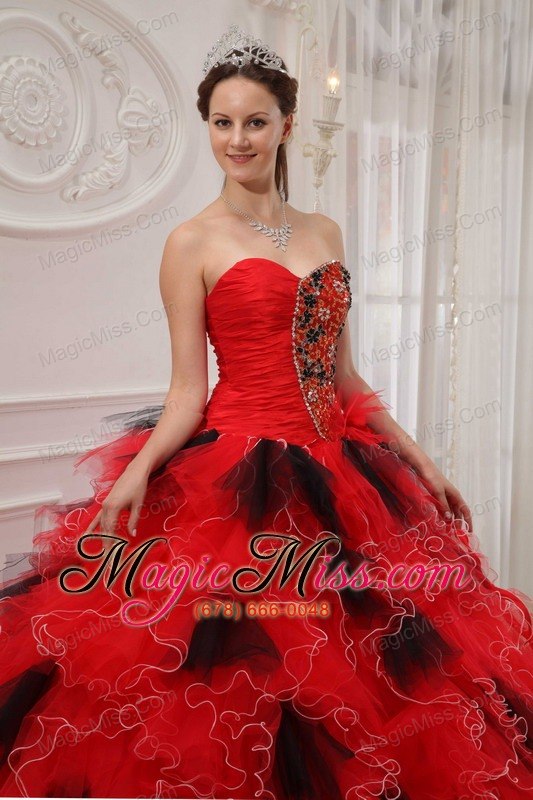 wholesale red and black ball gown sweetheart floor-length orangza beading and ruch quinceanera dress