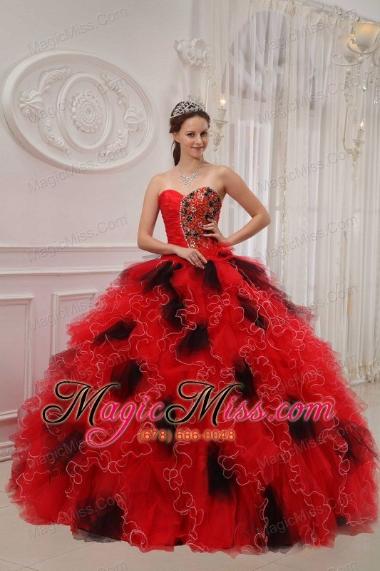 wholesale red and black ball gown sweetheart floor-length orangza beading and ruch quinceanera dress