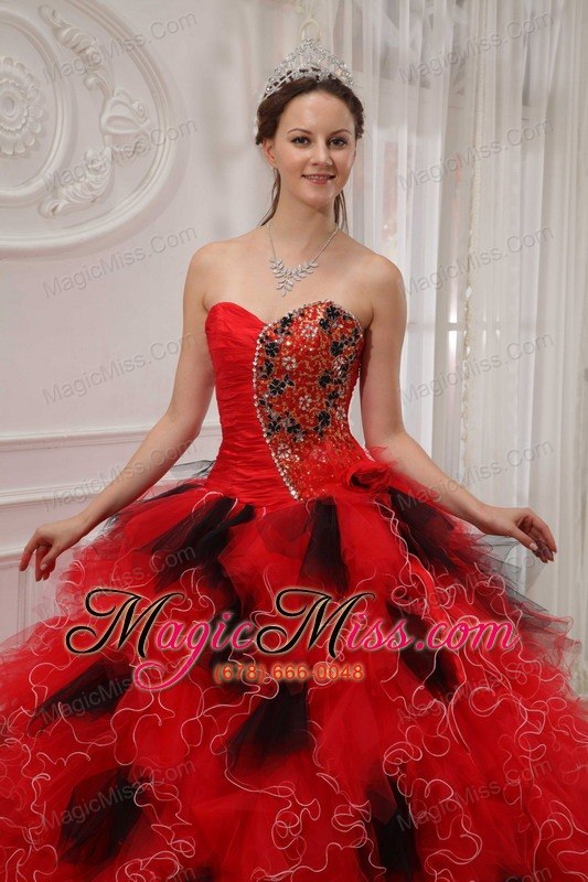 wholesale red and black ball gown sweetheart floor-length orangza beading and ruch quinceanera dress