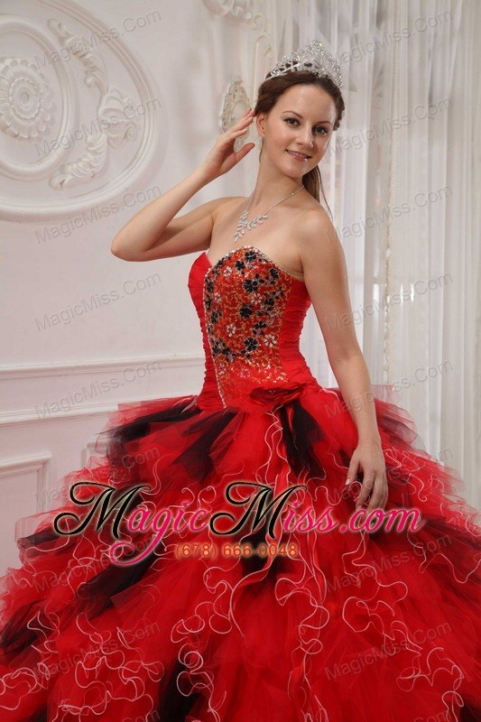 wholesale red and black ball gown sweetheart floor-length orangza beading and ruch quinceanera dress