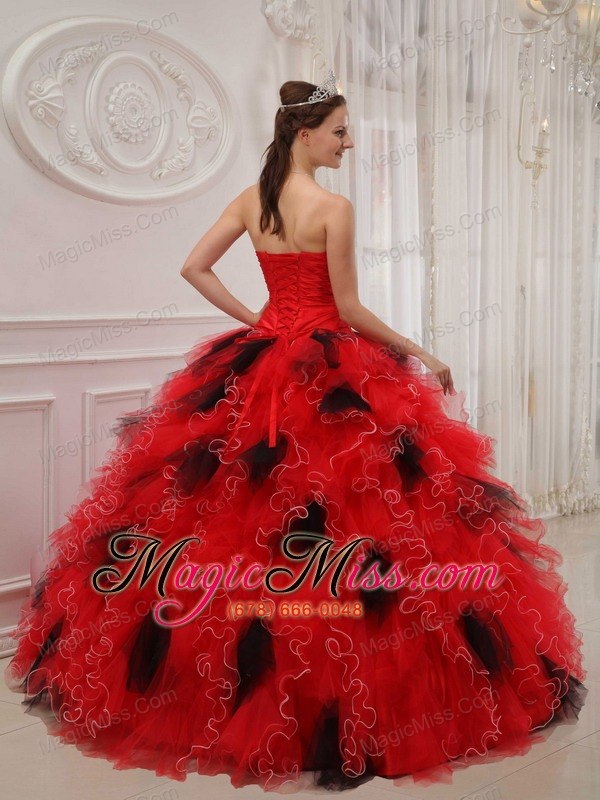 wholesale red and black ball gown sweetheart floor-length orangza beading and ruch quinceanera dress