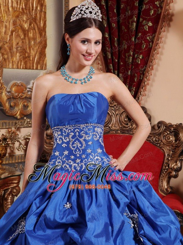 wholesale blue ball gown strapless floor-length taffeta appliques quinceanera dress