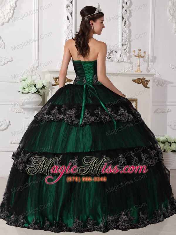 wholesale dark green ball gown strapless floor-length taffeta and tulle appliques quinceanera dress