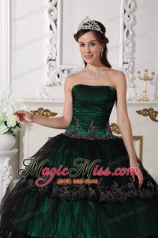 wholesale dark green ball gown strapless floor-length taffeta and tulle appliques quinceanera dress