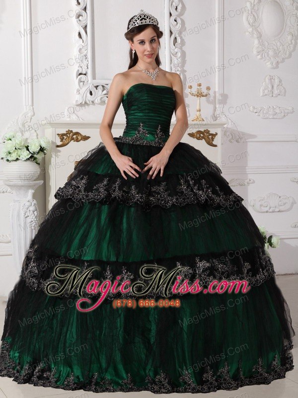 wholesale dark green ball gown strapless floor-length taffeta and tulle appliques quinceanera dress