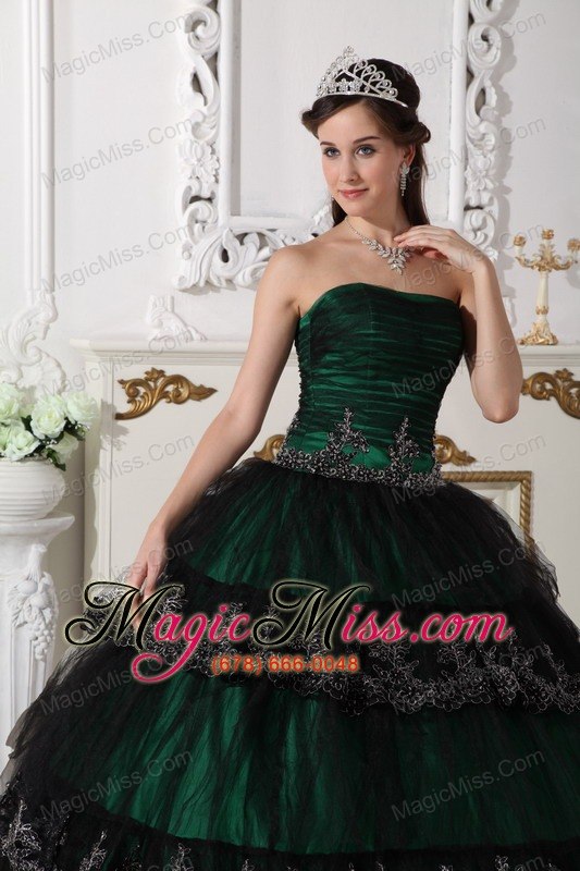 wholesale dark green ball gown strapless floor-length taffeta and tulle appliques quinceanera dress